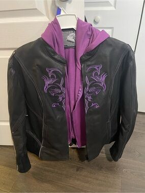 Screaming Eagle Black Leather Motorcycle Riding Jacket (Purple)